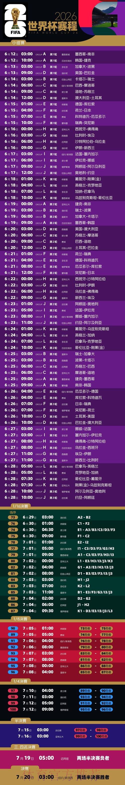 2026世界杯完整赛程完整版实时赛程免费观看